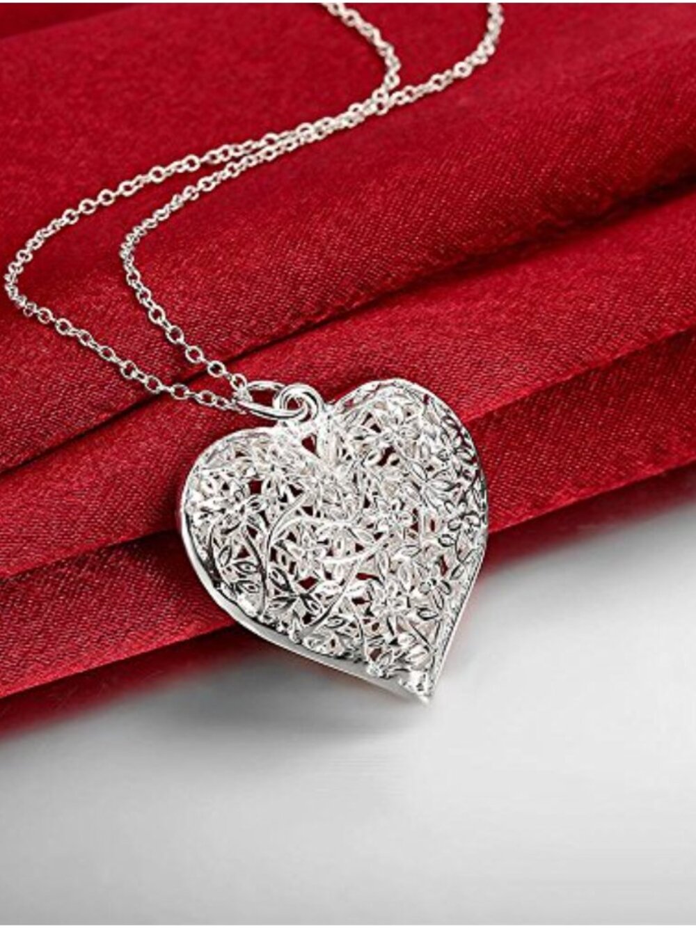 925 Sterling Silver Puffed Heart Pendant Necklace Textured Hollow 18in Cable - Picture 5 of 6